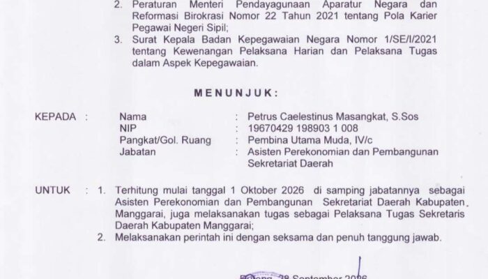 Petrus Masangkat Emban Tugas Baru sebagai Plt Sekda Manggarai
